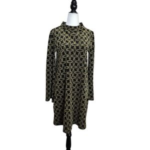 Nadya Toto Black and Gold abstract Patterned mock neck A line long sleeves Dress
